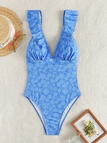 Floral Print Ruffle Trim One Piece Swimsuit - Blue - View 6