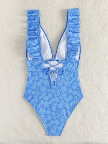 Floral Print Ruffle Trim One Piece Swimsuit - Blue - View 7