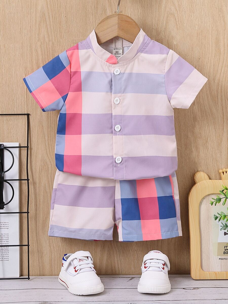 Baby Boy Plaid Print Colourblock Mock Neck Shirt & Shorts - Multicolor - View 1