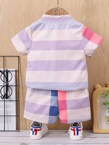 Baby Boy Plaid Print Colourblock Mock Neck Shirt & Shorts - Multicolor - View 2
