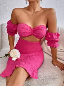 SHEIN Unity Off Shoulder Ruched Front Shirred Bodycon Dress - Hot Pink - View 1