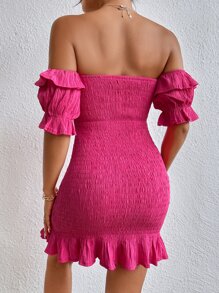 SHEIN Unity Off Shoulder Ruched Front Shirred Bodycon Dress - Hot Pink - View 2