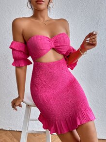 SHEIN Unity Off Shoulder Ruched Front Shirred Bodycon Dress - Hot Pink - View 3