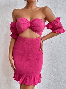 SHEIN Unity Off Shoulder Ruched Front Shirred Bodycon Dress - Hot Pink - View 4