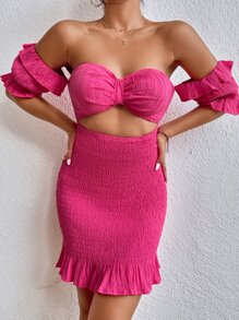 SHEIN Unity Off Shoulder Ruched Front Shirred Bodycon Dress - Hot Pink - View 5