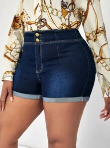 SHEIN SXY Plus High Waist Roll Hem Denim Shorts - Dark Wash - View 1