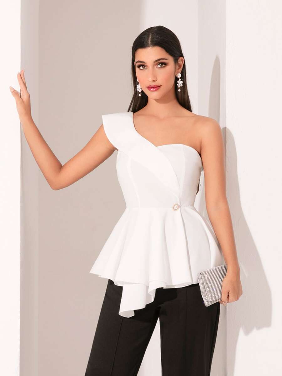 Modelyn One Shoulder Peplum Top - White - View 1