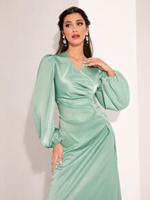 Modelyn Pearls Beaded Lantern Sleeve Ruched Dress - Mint Green - View 3