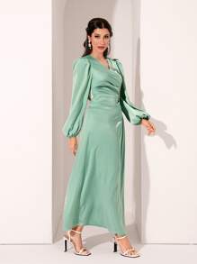Modelyn Pearls Beaded Lantern Sleeve Ruched Dress - Mint Green - View 1