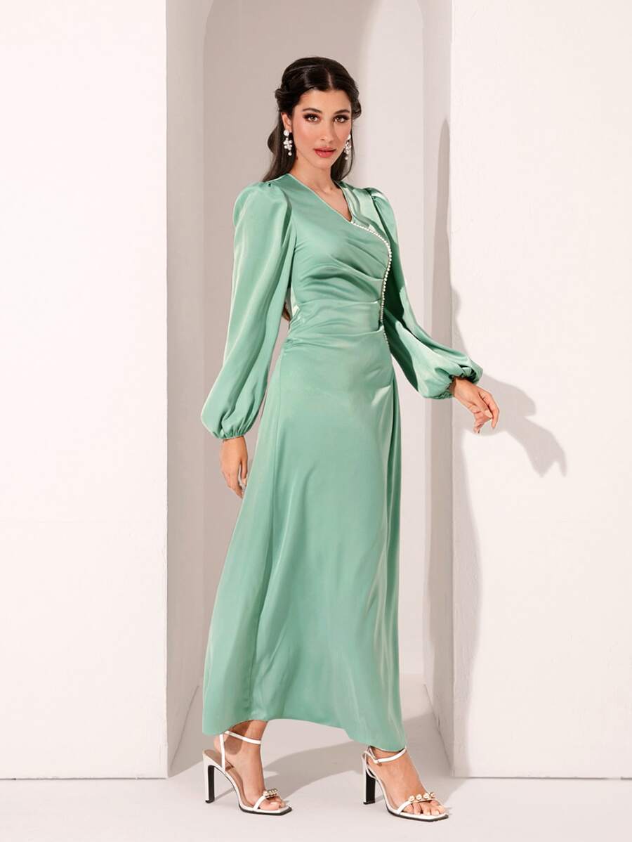 Modelyn Pearls Beaded Lantern Sleeve Ruched Dress - Mint Green - View 1