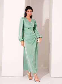 Modelyn Pearls Beaded Lantern Sleeve Ruched Dress - Mint Green - View 5