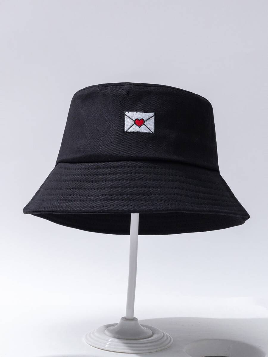 Envelope & Heart Embroidery Bucket Hat - Black - View 1