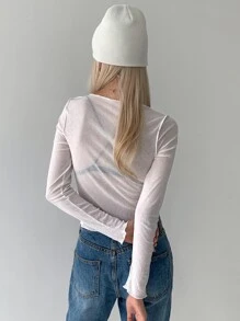 DAZY Top-Stitching Crop Top Without Bra Sheer Top - White - View 2