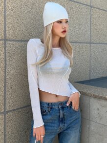 DAZY Top-Stitching Crop Top Without Bra Sheer Top - White - View 5