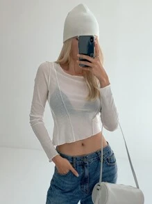 DAZY Top-Stitching Crop Top Without Bra Sheer Top - White - View 7