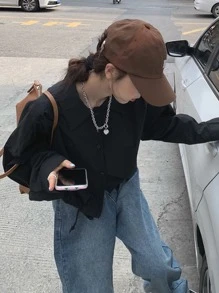 Camisa amplia unicolor de hombros caídos - Negro - Ver 3