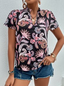 SHEIN VCAY Paisley Print Notched Neck Blouse - Multicolor - View 6