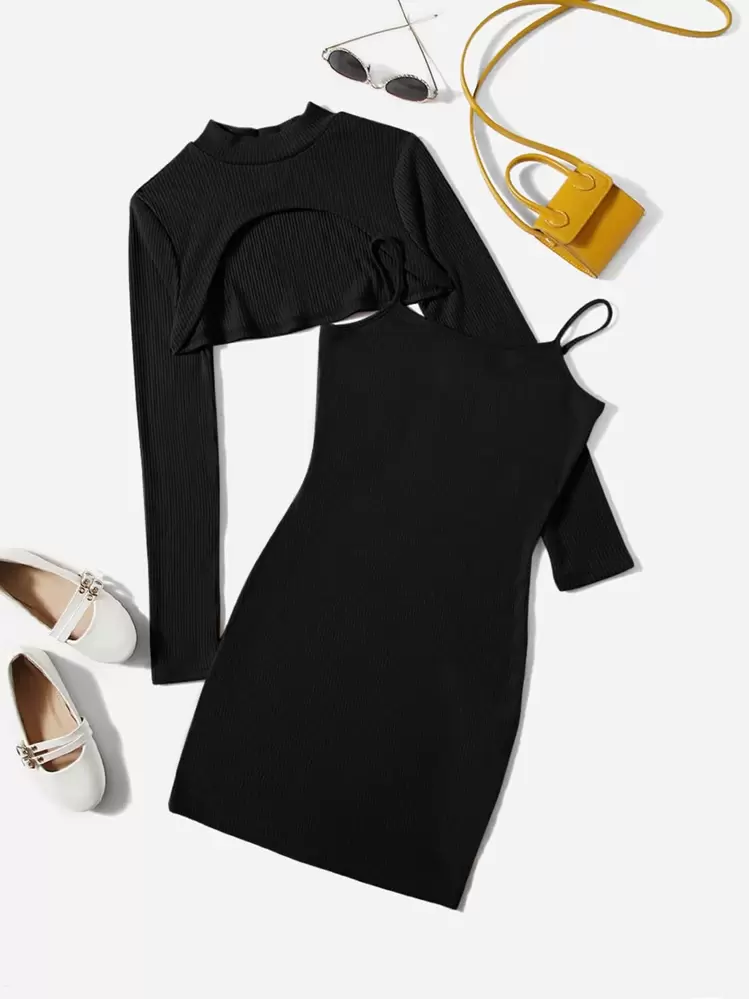 SHEIN ティーンガールズ フレアヘム トップス & キャミドレス - ブラック - 見る 1