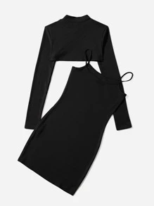 SHEIN Bộ hai mảnh Gái Gân đan màu trơn Ăn mặc đẹp - màu đen - Xem 2