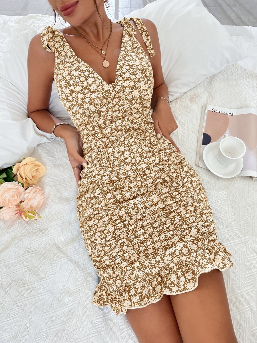 Ditsy Floral V Neck Tie Shoulder Ruffle Hem Dress - Khaki - View 1