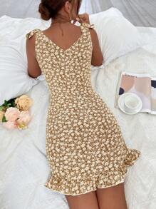 Ditsy Floral V Neck Tie Shoulder Ruffle Hem Dress - Khaki - View 2