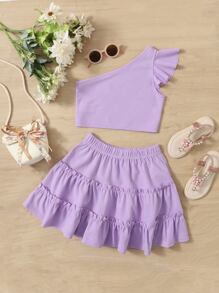 SHEIN Tween Girl Flutter Sleeve One Shoulder Top & Frill Trim Skirt - Lilac Purple - View 1