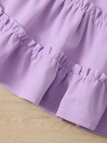 SHEIN Tween Girl Flutter Sleeve One Shoulder Top & Frill Trim Skirt - Lilac Purple - View 4