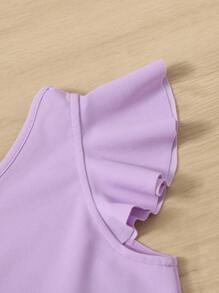 SHEIN Tween Girl Flutter Sleeve One Shoulder Top & Frill Trim Skirt - Lilac Purple - View 3
