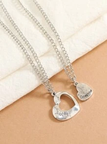 2入組/套女士時尚字母細節心形吊墜項鍊母親節禮物 - 銀色 - 查看 1
