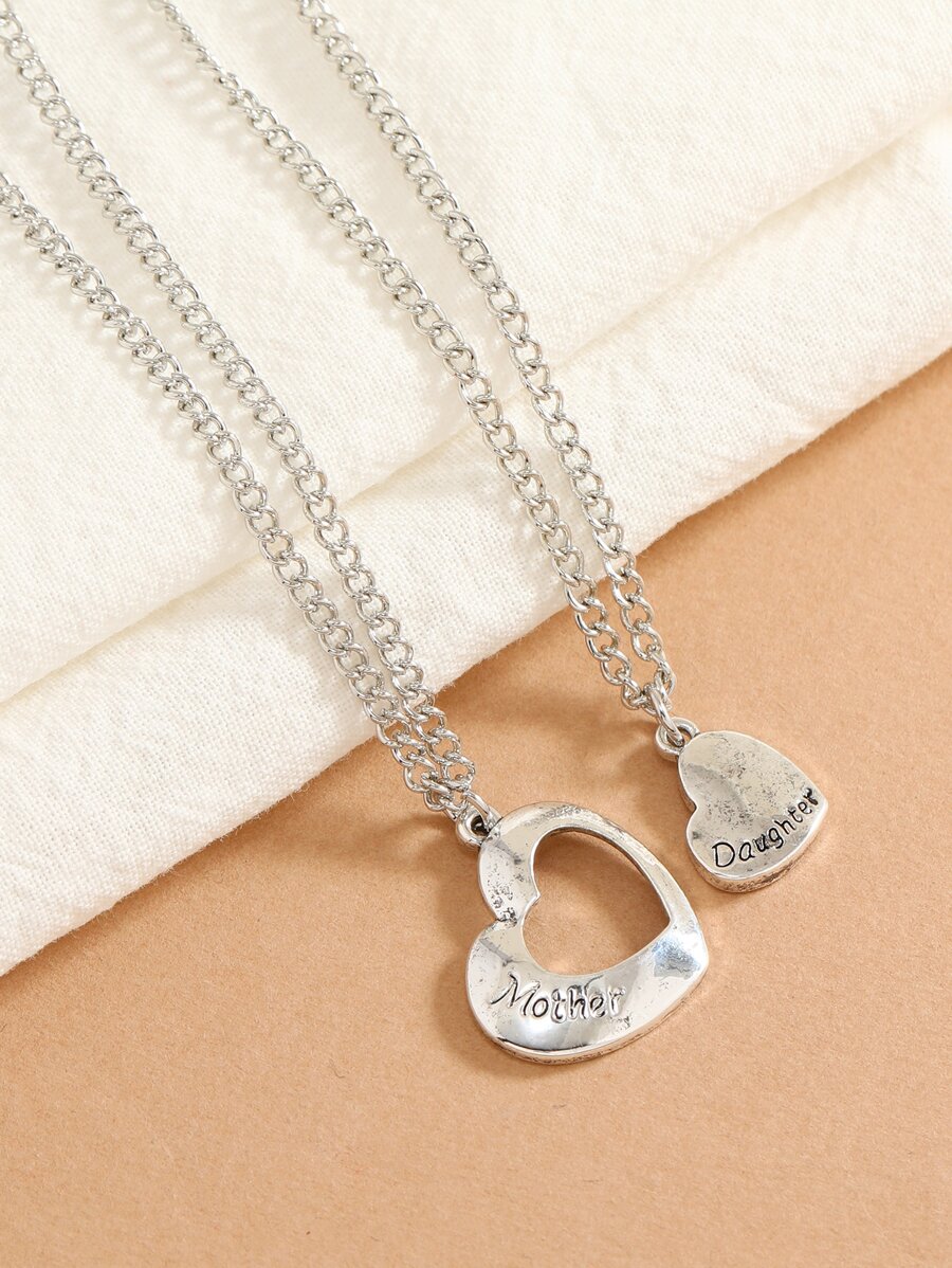 2入組/套女士時尚字母細節心形吊墜項鍊母親節禮物 - 銀色 - 查看 1