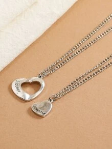 2入組/套女士時尚字母細節心形吊墜項鍊母親節禮物 - 銀色 - 查看 2
