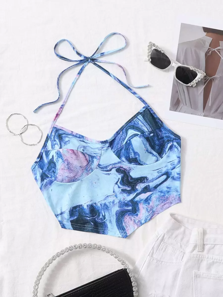 SHEIN ICON 綁結露背大理石圖案繞頸上衣 - 彩色 - 查看 1