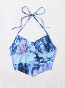 SHEIN ICON 綁結露背大理石圖案繞頸上衣 - 彩色 - 查看 3
