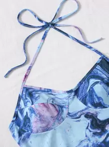 SHEIN ICON 綁結露背大理石圖案繞頸上衣 - 彩色 - 查看 4