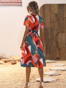 Breezaya Geo Print Shirred Waist Dress - Multicolor - View 2