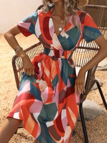 Breezaya Geo Print Shirred Waist Dress - Multicolor - View 6