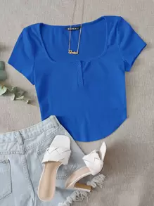 Muchica 羅紋鈕扣弧形短款上衣 - 寶藍色 - 查看 1