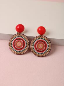 Mandala Print Round Drop Earrings - Red - View 1