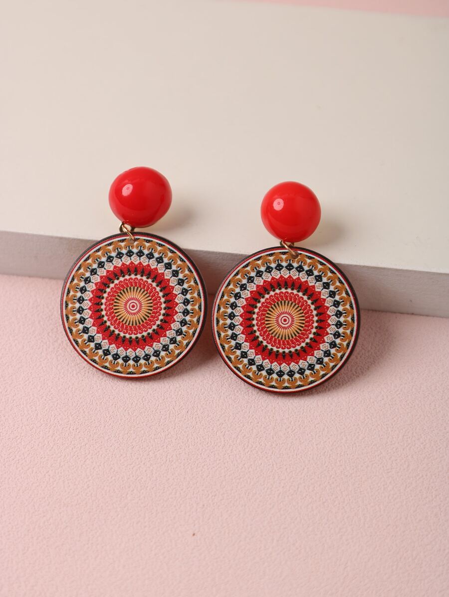 Mandala Print Round Drop Earrings - Red - View 1