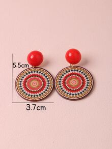 Mandala Print Round Drop Earrings - Red - View 3