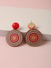 Mandala Print Round Drop Earrings - Red - View 4