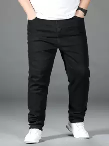 Manfinity Homme Men Plus Cotton Slant Pocket Tapered Jeans - Black - View 1