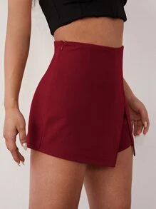 SHEIN SXY 素色開衩前褲裙 - 酒紅色 - 查看 4