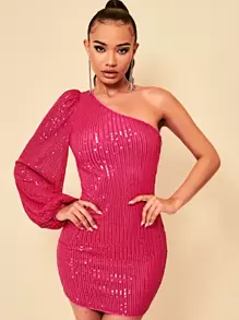 SHEIN BAE Quý cô Vai xiên Tay áo lồng đèn Đầm Với Màu hồng Trân châu - Màu Hồng Tươi - Xem 3