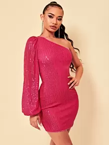 SHEIN BAE Quý cô Vai xiên Tay áo lồng đèn Đầm Với Màu hồng Trân châu - Màu Hồng Tươi - Xem 5