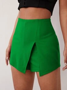 SHEIN SXY 素色開衩前褲裙 - 綠色 - 查看 4