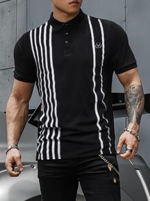 Manfinity Homme 男士條紋圖案和鹿圖案POLO衫 - 黑色 - 查看 1