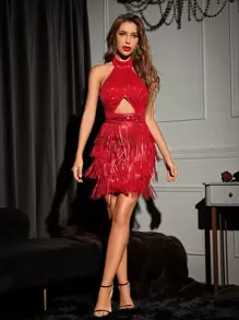 Allurite 鏤空流蘇邊露背亮片掛脖連衣裙 - 紅色 - 查看 4