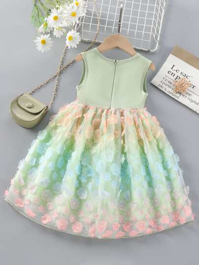 SHEIN Elladie kids Young Girl Floral Appliques Bow Front Dress Summer Holiday