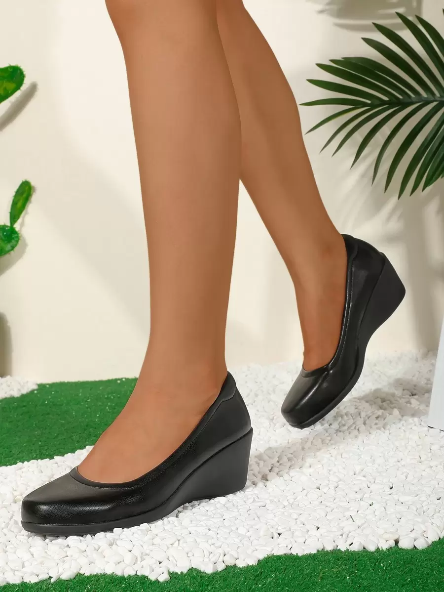 Minimalist Square Toe Wedge Thick-Soled Shoes Women's Black Round-Toe Chunky Heels Low Vamp Soft-Sole High Heels Large-Size Work Shoes Women's Leather Shoes For Work - Black - View 1